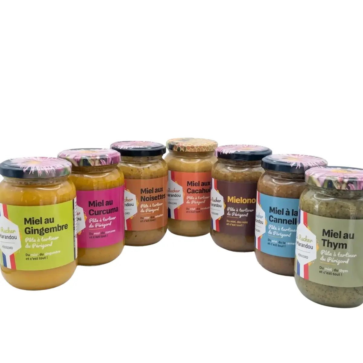 Gamme de pâtes à tartiner au miel du Périgord – noisette, cacahuète, noix, thym, cannelle, gingembre et curcuma