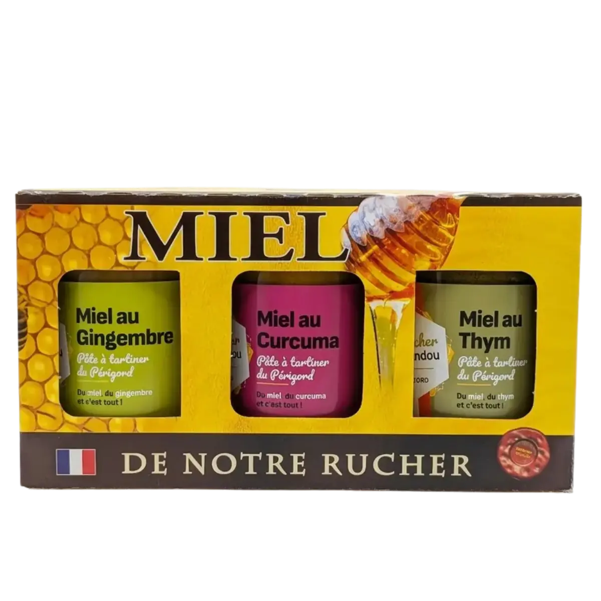 Coffret saveurs et cuisine miel du Périgord avec miel au curcuma gingembre et thym