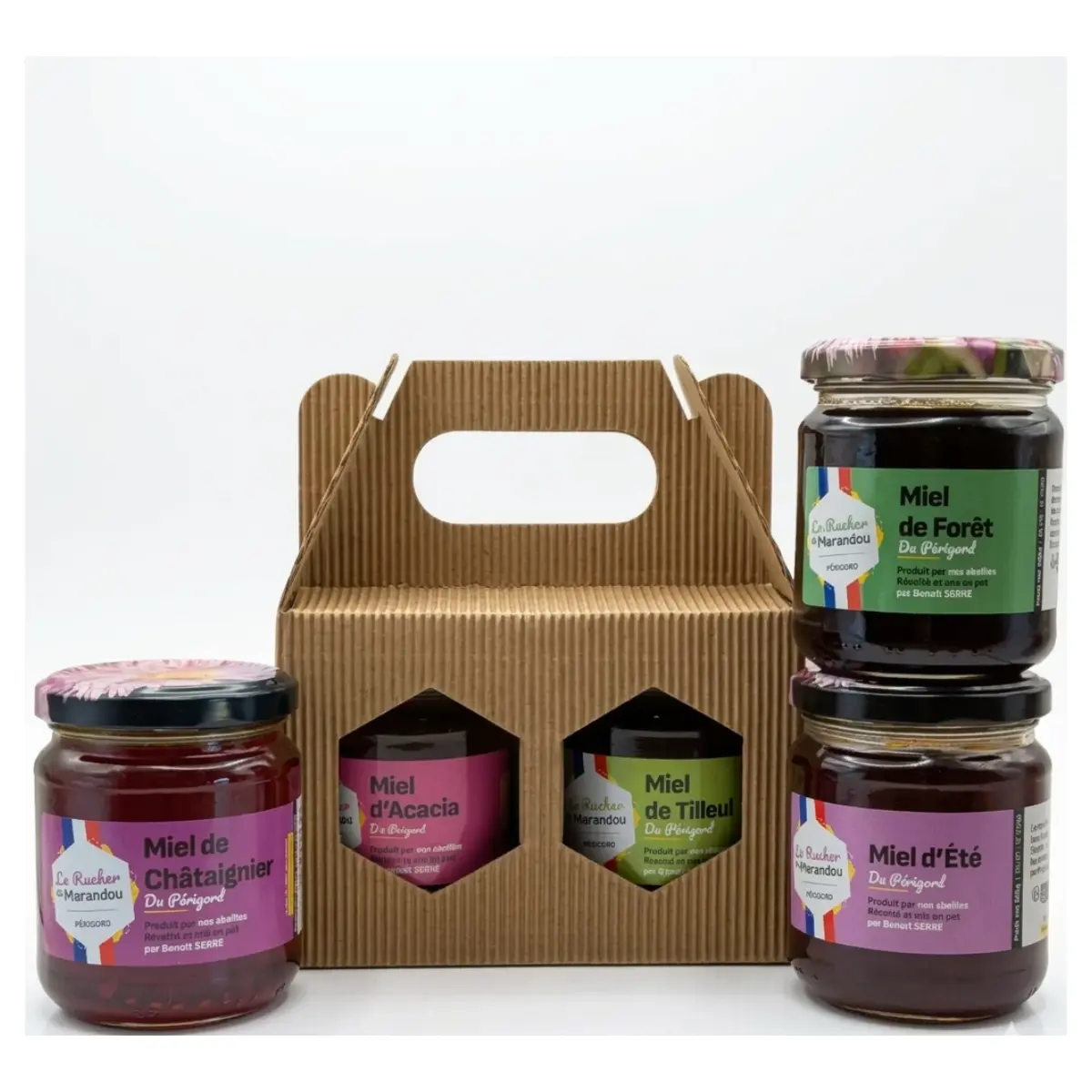 Coffret miel du Périgord avec assortiment de miels artisanaux – acacia, tilleul, châtaignier et miel d’été