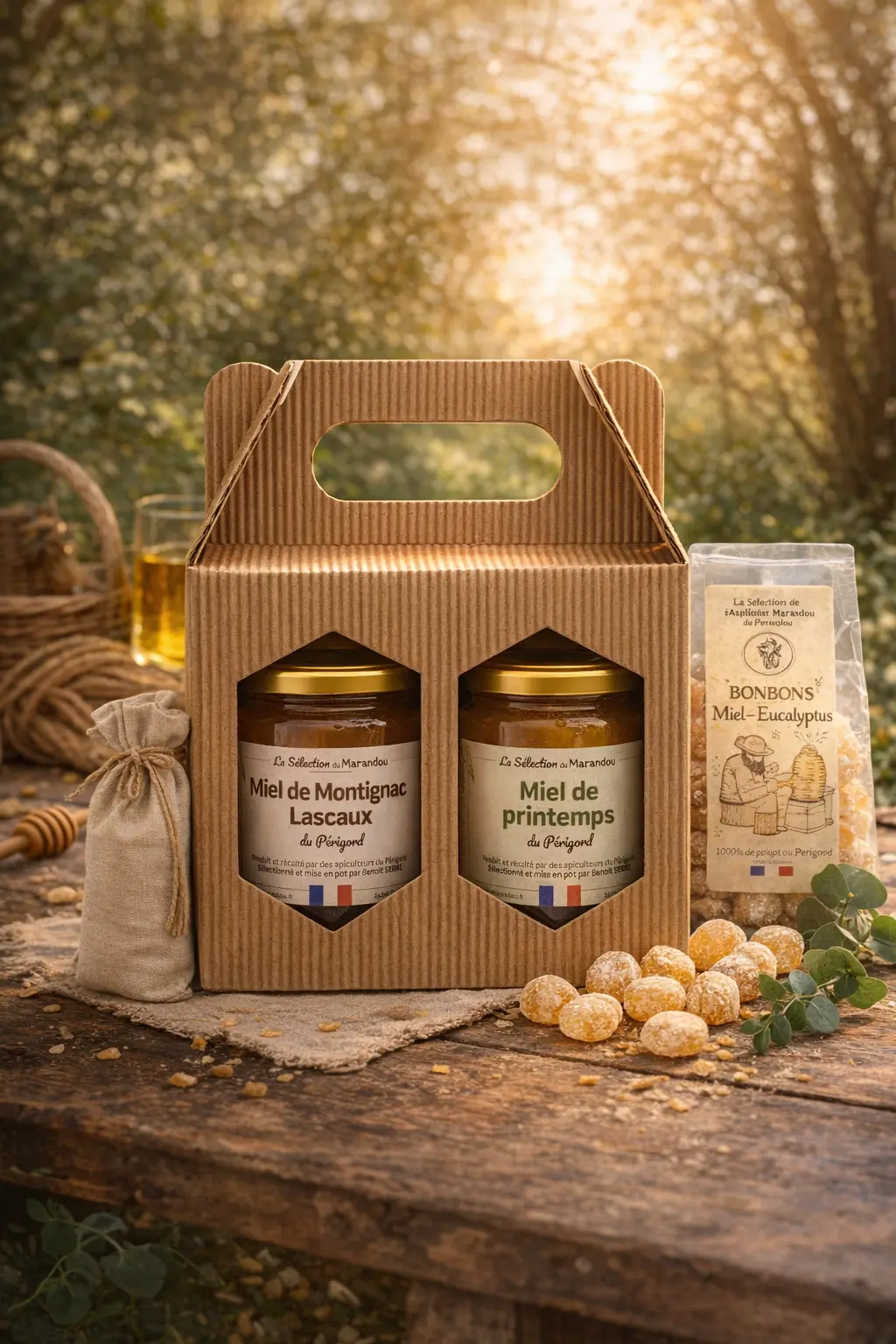 coffret deux pots 250g Coffret duo 2x250g – Miels artisanaux du Périgord, Montignac-Lascaux et Printemps Sélection, en situation petit-déjeuner convivial