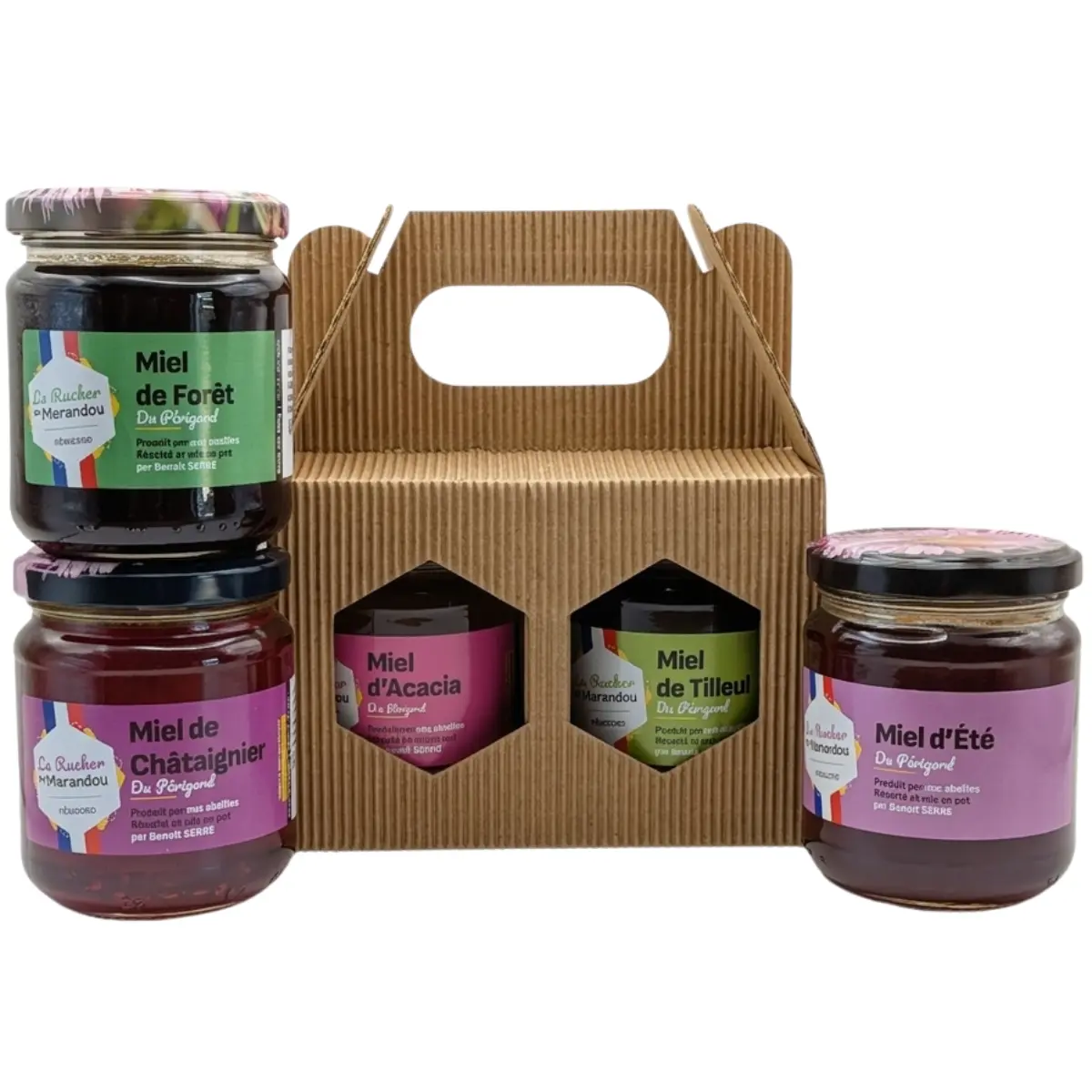 Coffret miel du Périgord avec assortiment de miels artisanaux – acacia, tilleul, châtaignier et miel d’été