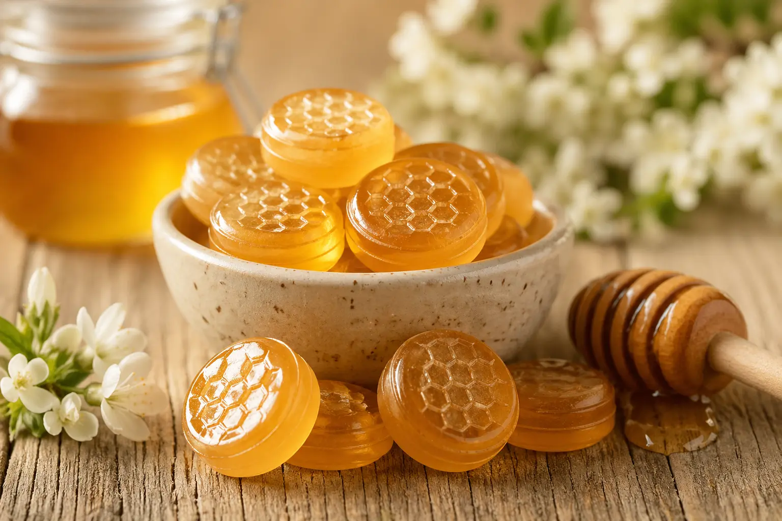 Bonbons au miel artisanaux avec motif alvéoles, inspirés de la douceur du miel de printemps