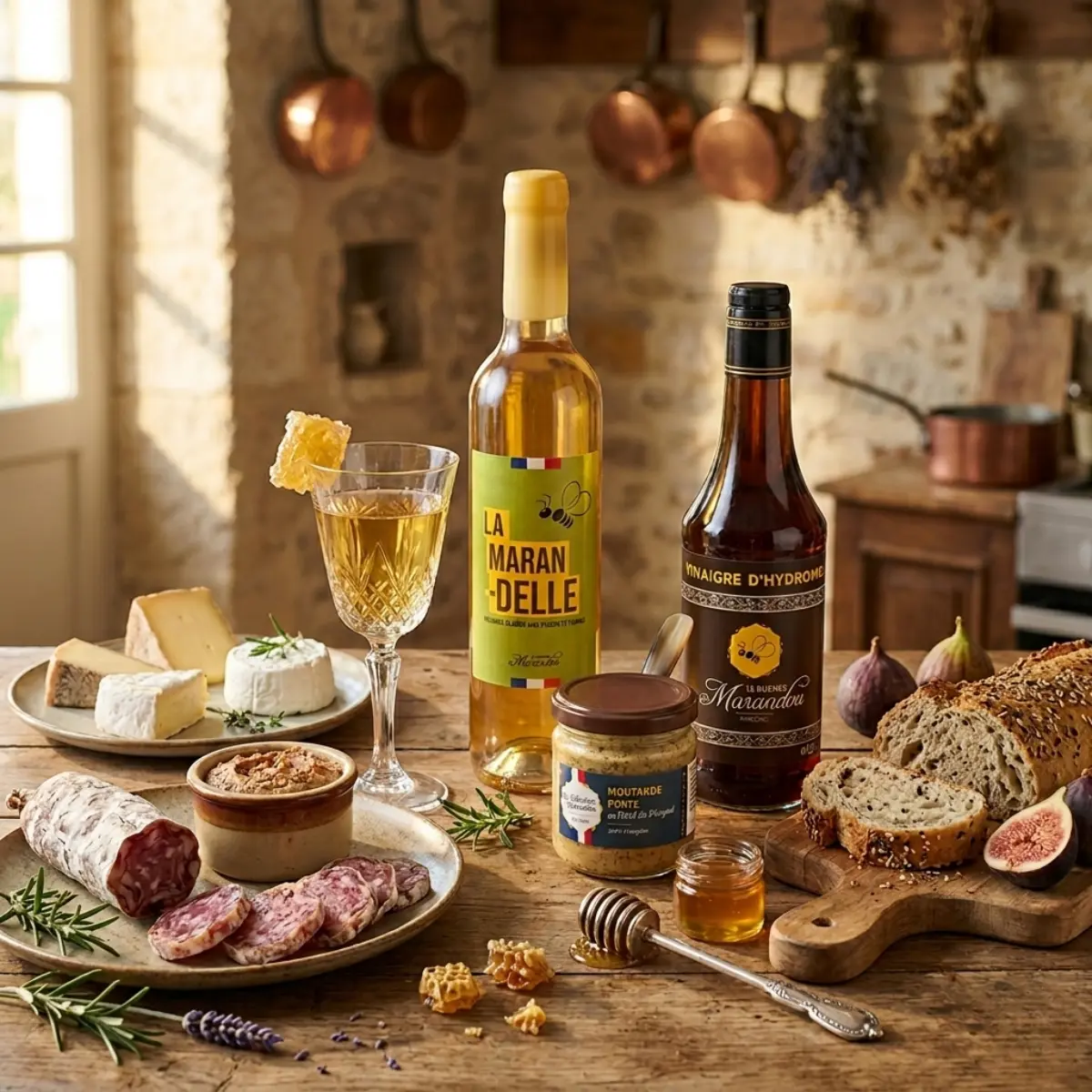 Produits au miel du Périgord : hydromel, vinaigre et moutarde artisanale Hydromel, vinaigre d’hydromel et moutarde au miel du Périgord sur table gourmande avec fromages et charcuterie
