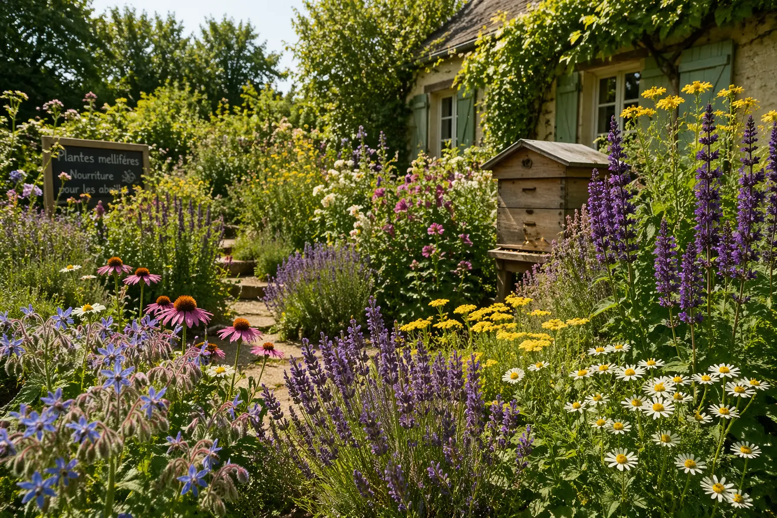 Jardin ensoleillé et écologique avec ruche Jardin riche en plantes mellifères avec fleurs variées et ruche favorisant les abeilles