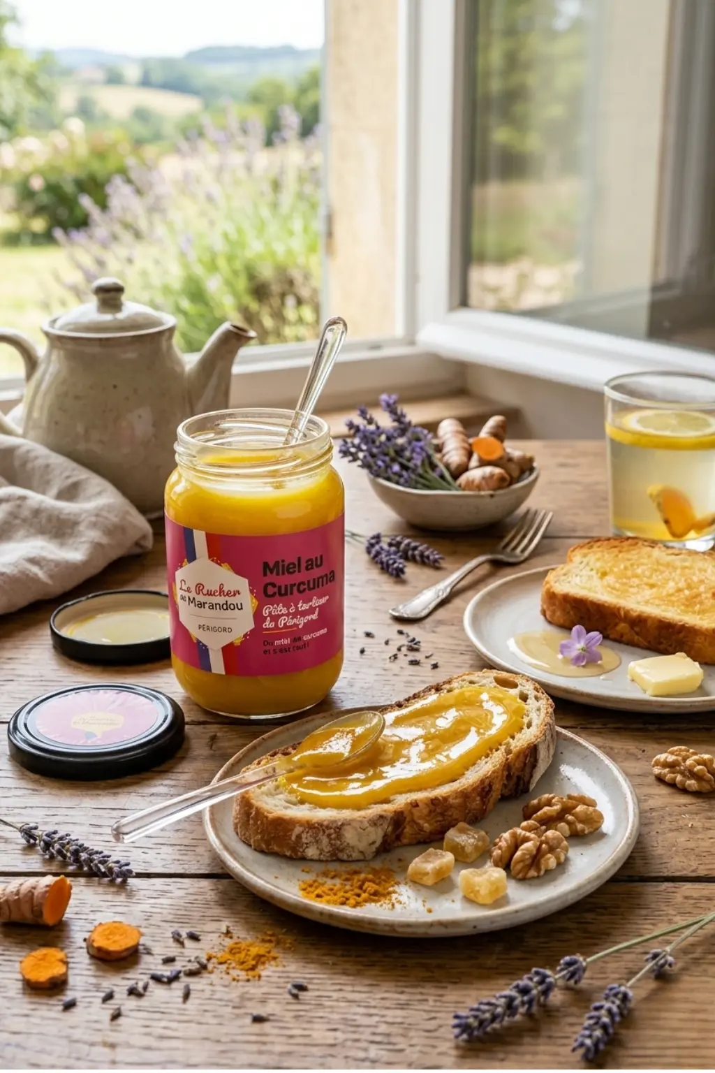 Miel au curcuma du Périgord – dégustation gourmande sur tartine Miel au curcuma du Périgord sur tartine avec noix et miel crémeux, ambiance petit déjeuner naturel du Rucher du Marandou