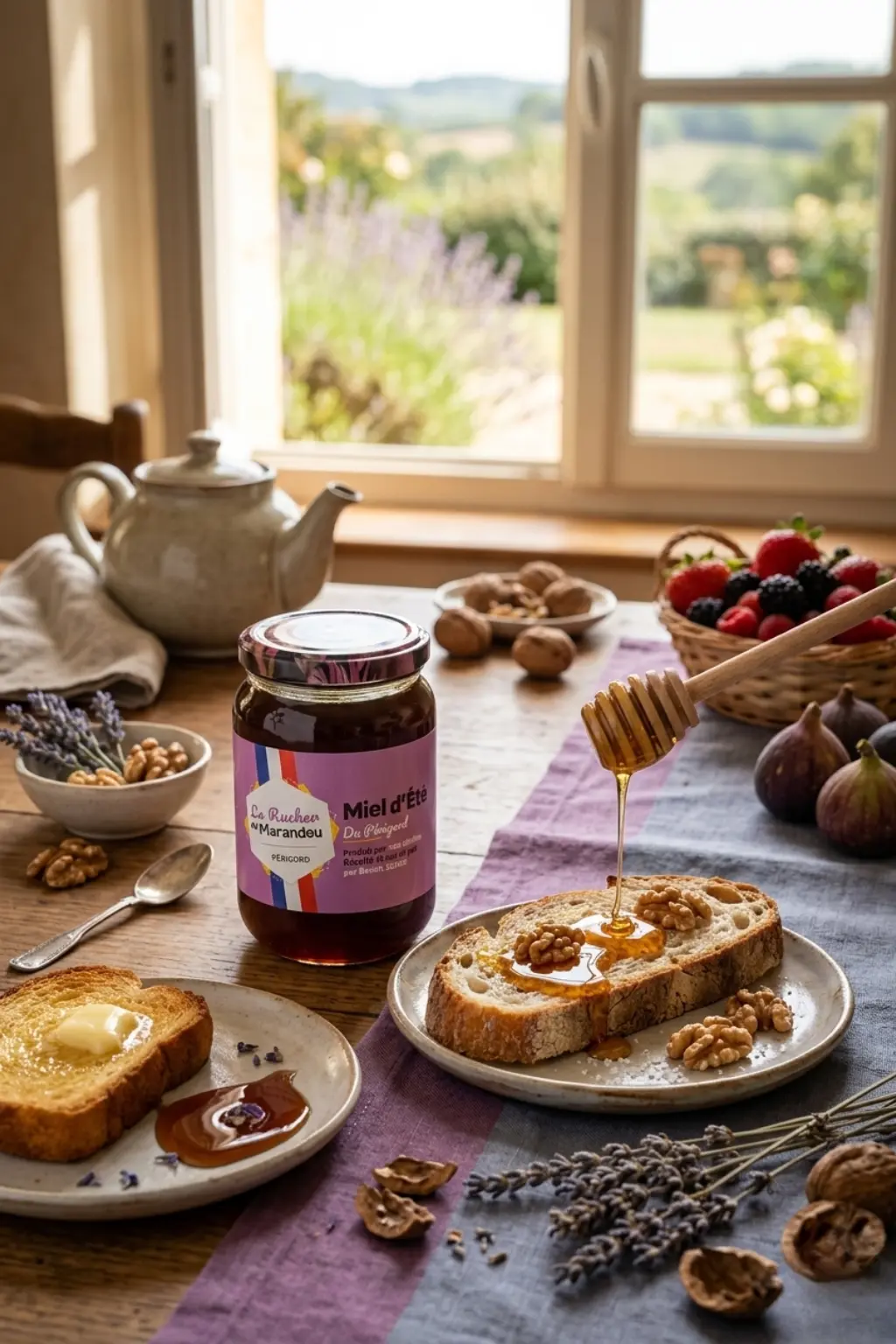 Miel d’été du Périgord – dégustation sur tartine aux noix Miel d’été du Périgord sur tartine avec noix et miel coulant, ambiance petit déjeuner artisanal du Rucher du Marandou