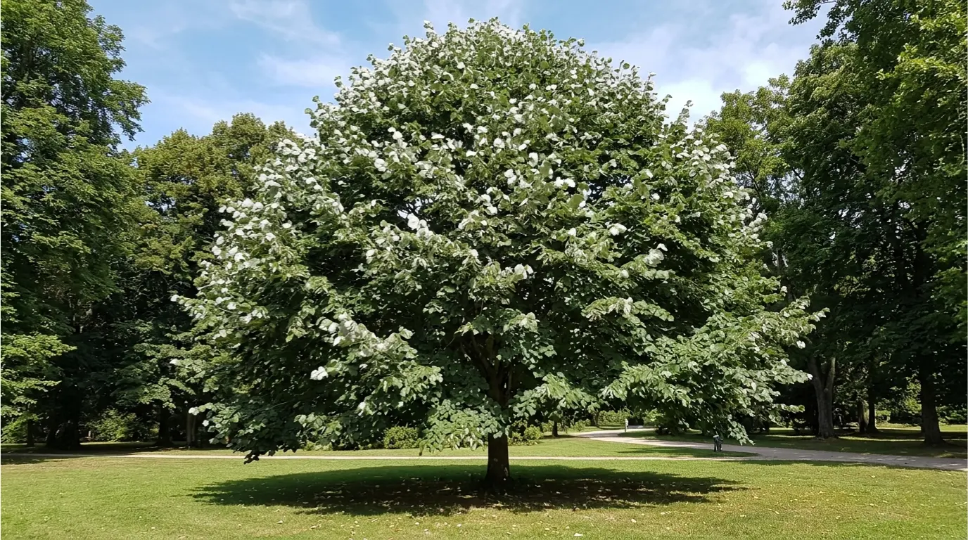 Tilleul argenté en floraison dans un parc tilleul argenté en fleurs arbre mellifère parc feuilles claires dessous blanc