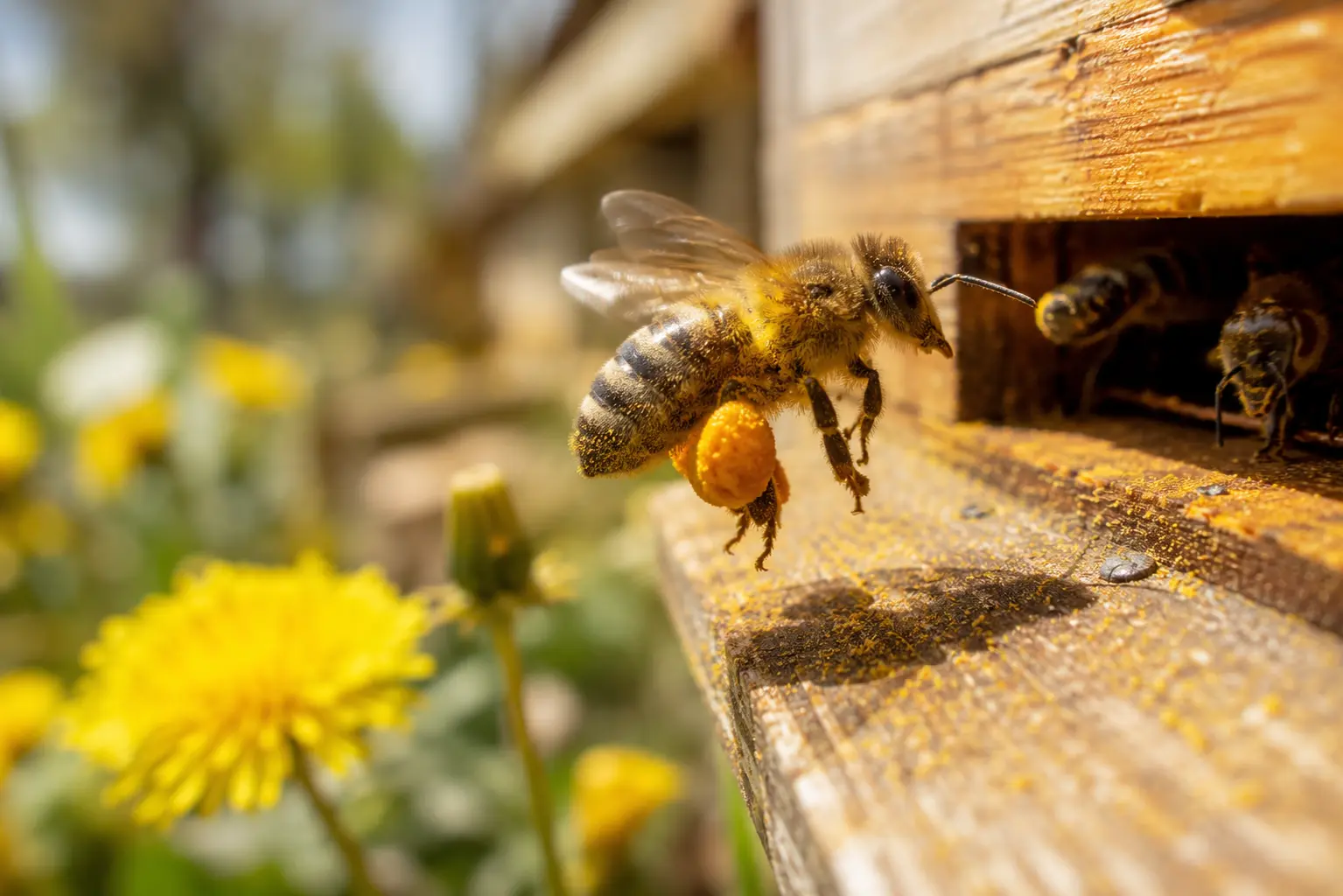 Abeille chargée de pollen entrant dans une ruche au printemps