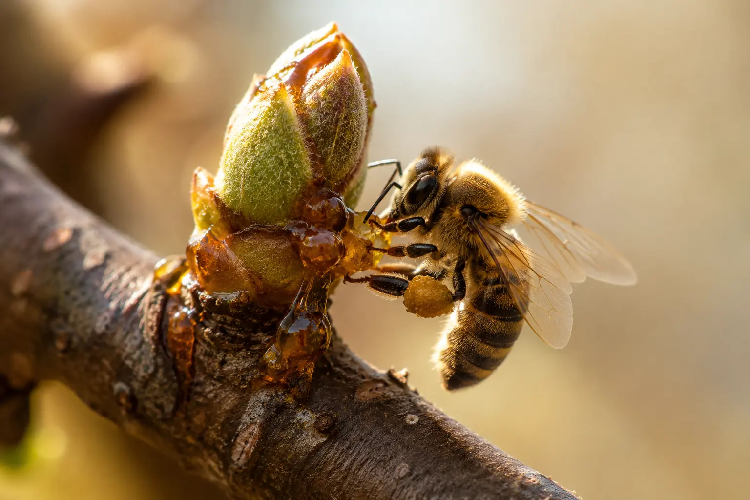 Abeille récoltant de la résine sur un bourgeon pour fabriquer la propolis