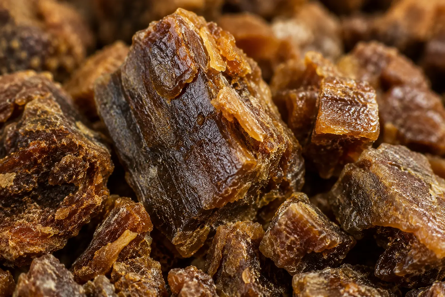 Macro de propolis brune montrant sa texture résineuse et ambrée