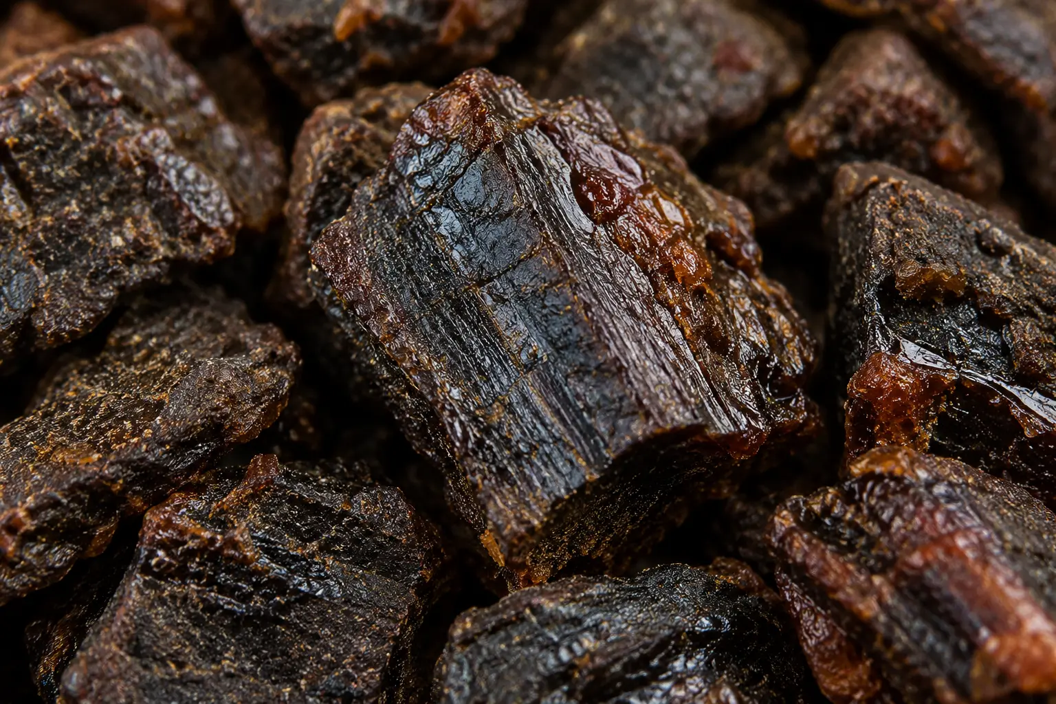 Macro de propolis noire montrant sa texture dense et sombre