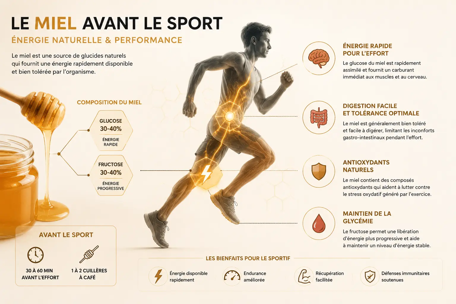 Infographie expliquant les effets du miel sur l’organisme avant une activité sportive avec énergie, digestion et glycémie
