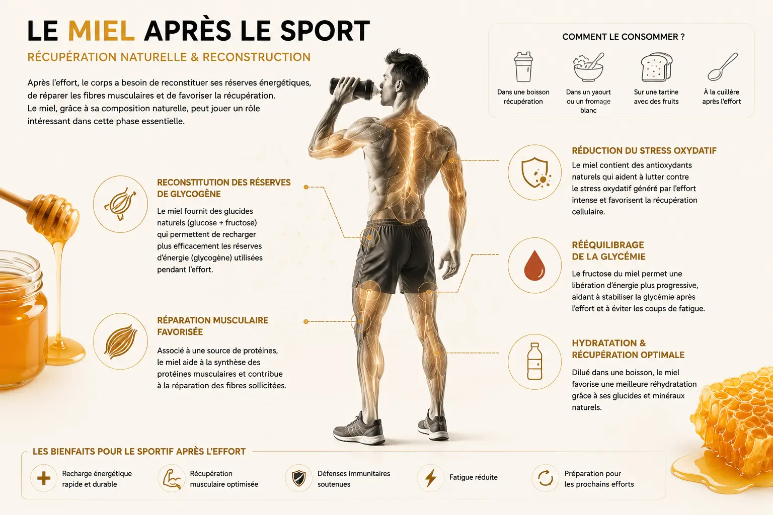 Infographie scientifique expliquant les effets du miel sur la récupération sportive après l’effort avec glycogène, récupération musculaire et hydratation
