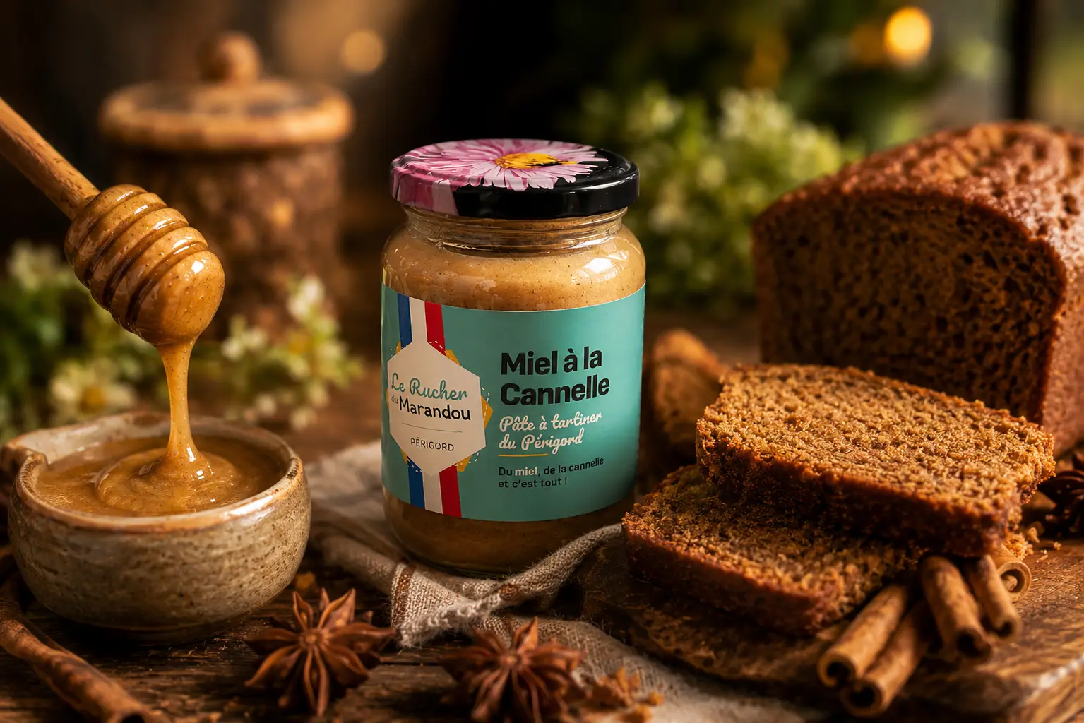 Pain d’épices moelleux au miel accompagné d’un pot de miel à la cannelle du Rucher du Marandou