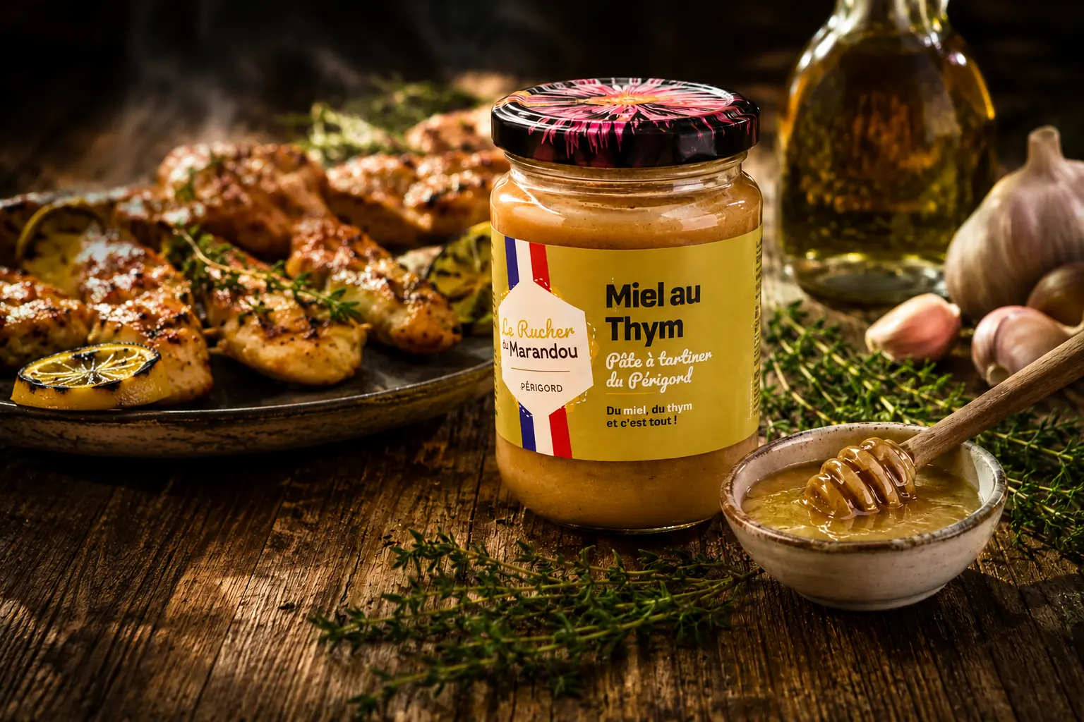 Miel au thym du Périgord utilisé pour une marinade gourmande avec grillades de poulet, thym frais et ingrédients de cuisine méditerranéenne