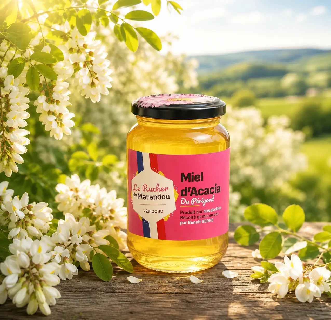 Miel d’acacia artisanal du Périgord entouré de fleurs d’acacia au printemps