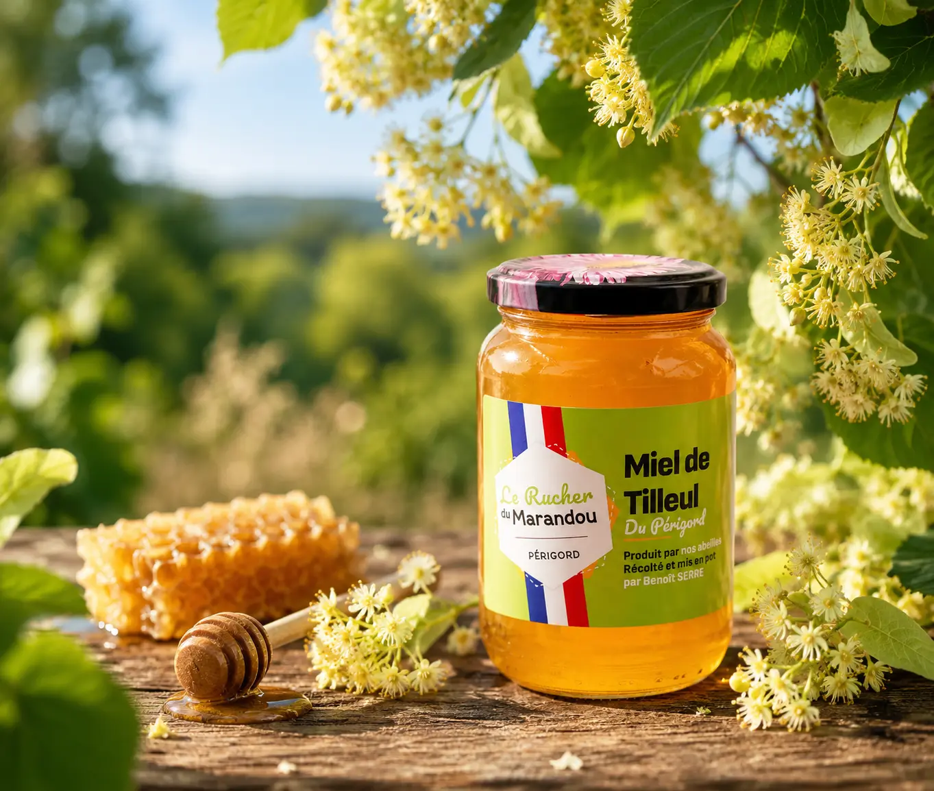 Pot de miel de tilleul du Périgord du Rucher du Marandou posé en extérieur sous des fleurs de tilleul
