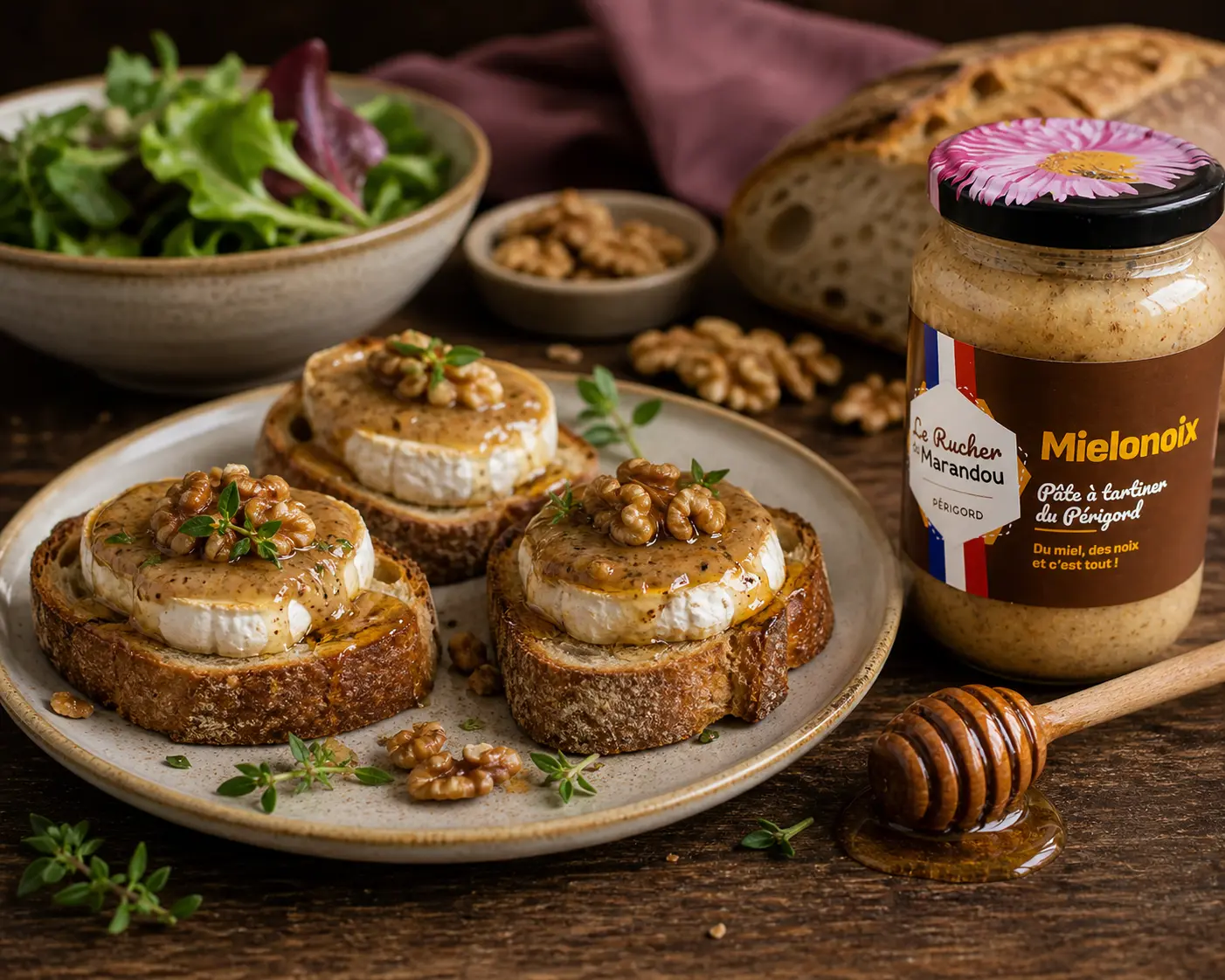 Toasts de chèvre chaud garnis de pâte à tartiner Mielonoix avec noix et miel