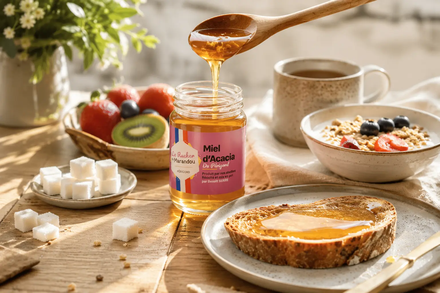 Petit-déjeuner équilibré avec miel d’acacia artisanal du Rucher du Marandou