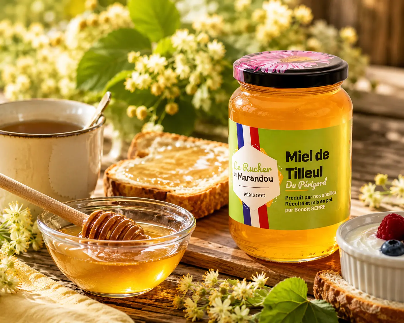 Petit-déjeuner gourmand autour du miel de tilleul du Périgord avec tartines, infusion et yaourt
