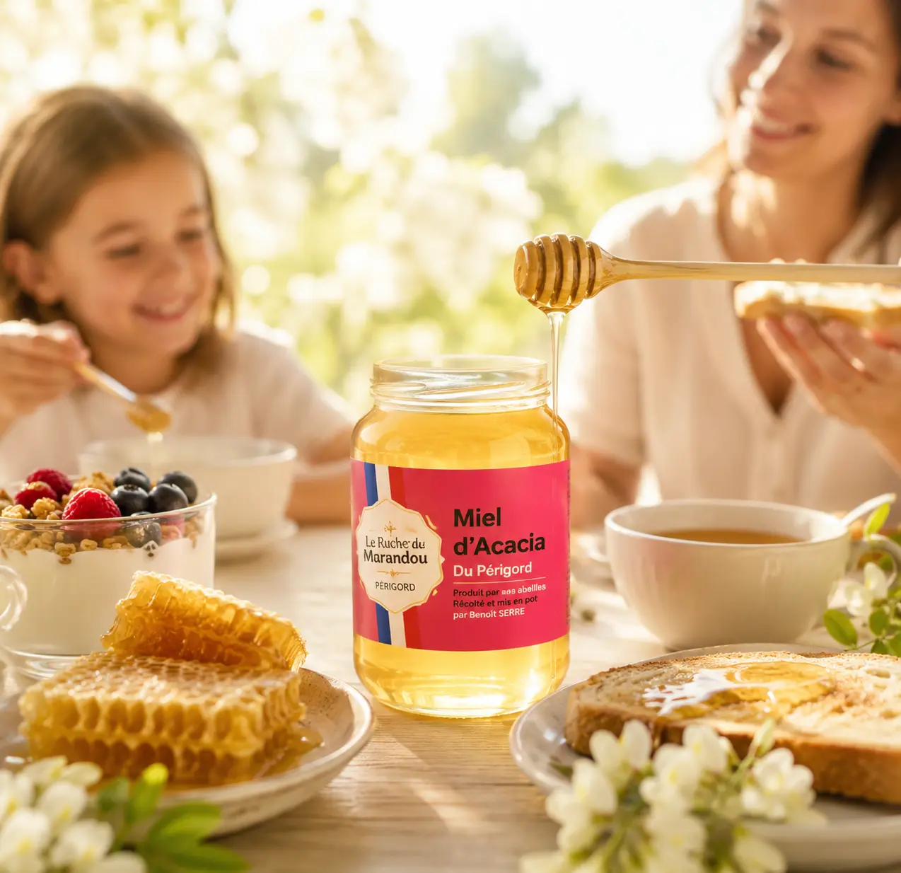 Petit-déjeuner familial avec miel d’acacia du Périgord sur tartines, yaourt et thé
