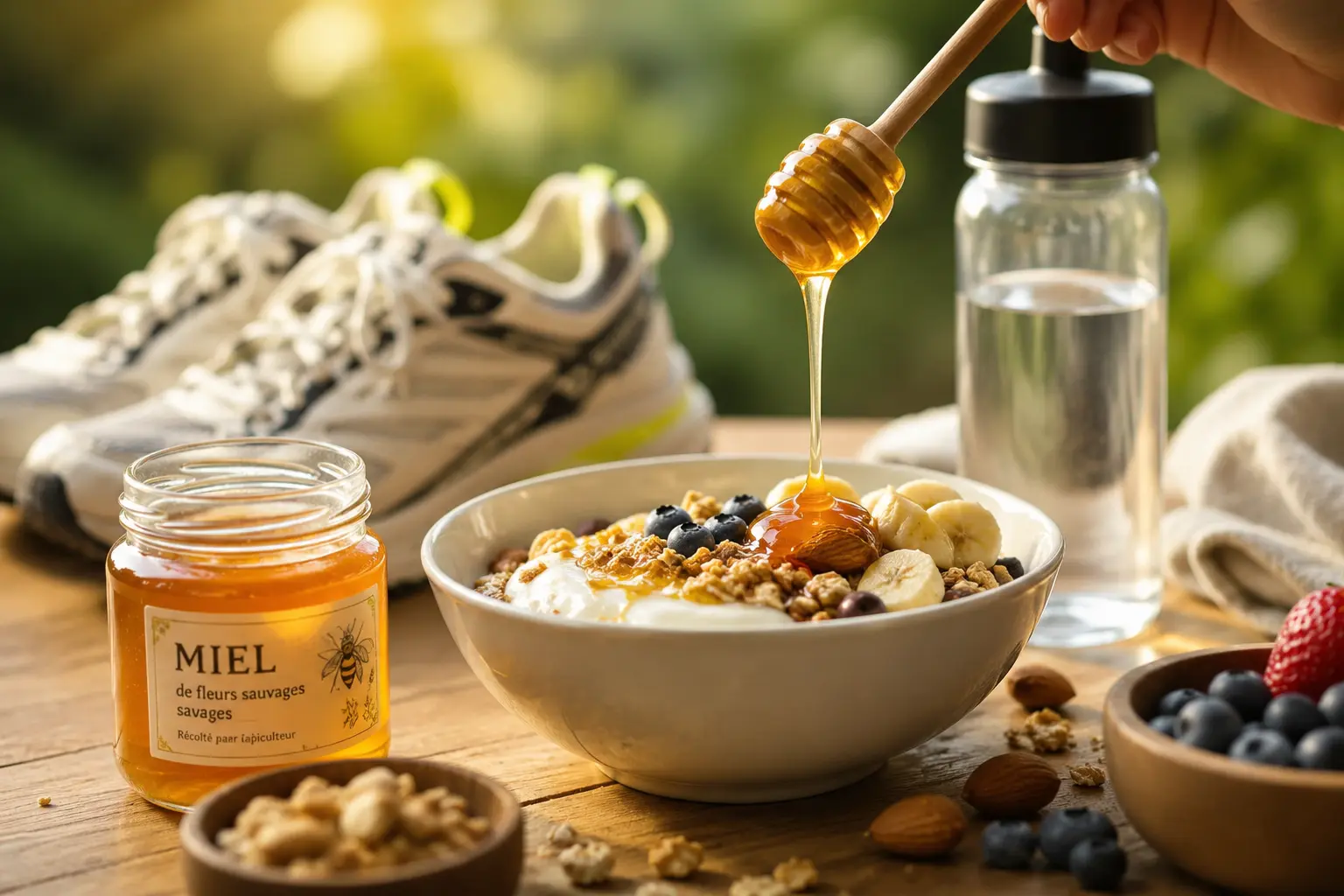 Petit-déjeuner sportif avec yaourt, fruits frais, granola et miel artisanal versé à la cuillère à côté de chaussures de running