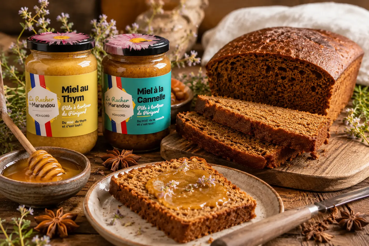 Pain d’épices artisanal accompagné de deux pots de miel au thym et miel à la cannelle du Rucher du Marandou