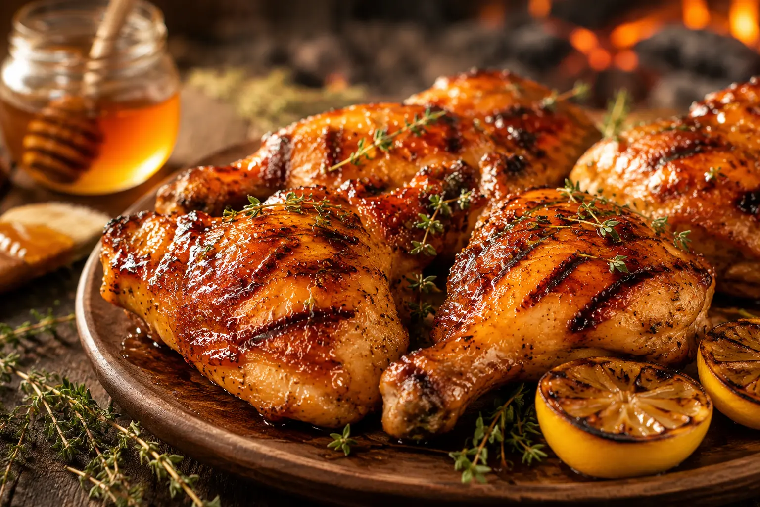 Poulet grillé mariné au miel avec herbes aromatiques, citron grillé et caramélisation au barbecue