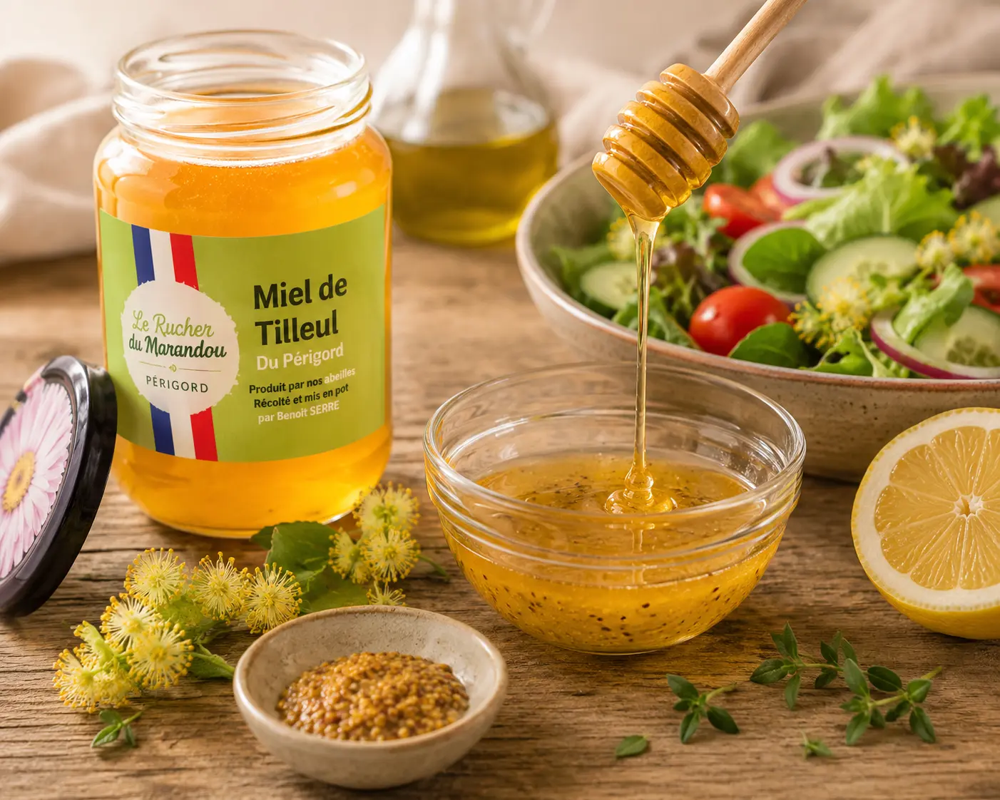 Miel de tilleul du Périgord utilisé dans une vinaigrette maison avec salade fraîche
