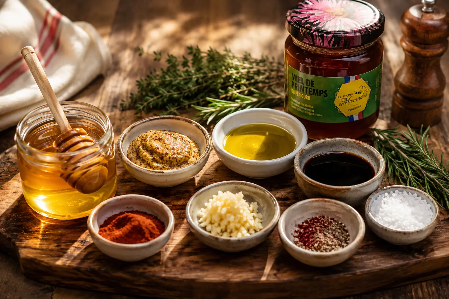 Ingrédients d’une marinade au miel pour barbecue avec moutarde, huile d’olive, ail, paprika fumé et miel de printemps du Périgord