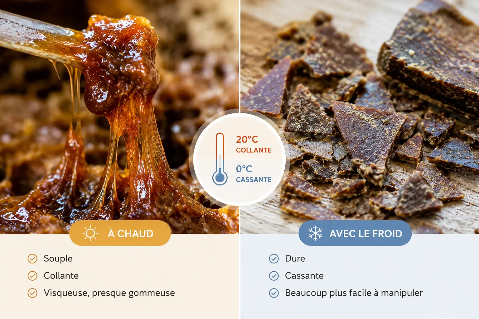 Comparaison de la texture de la propolis à chaud et avec le froid