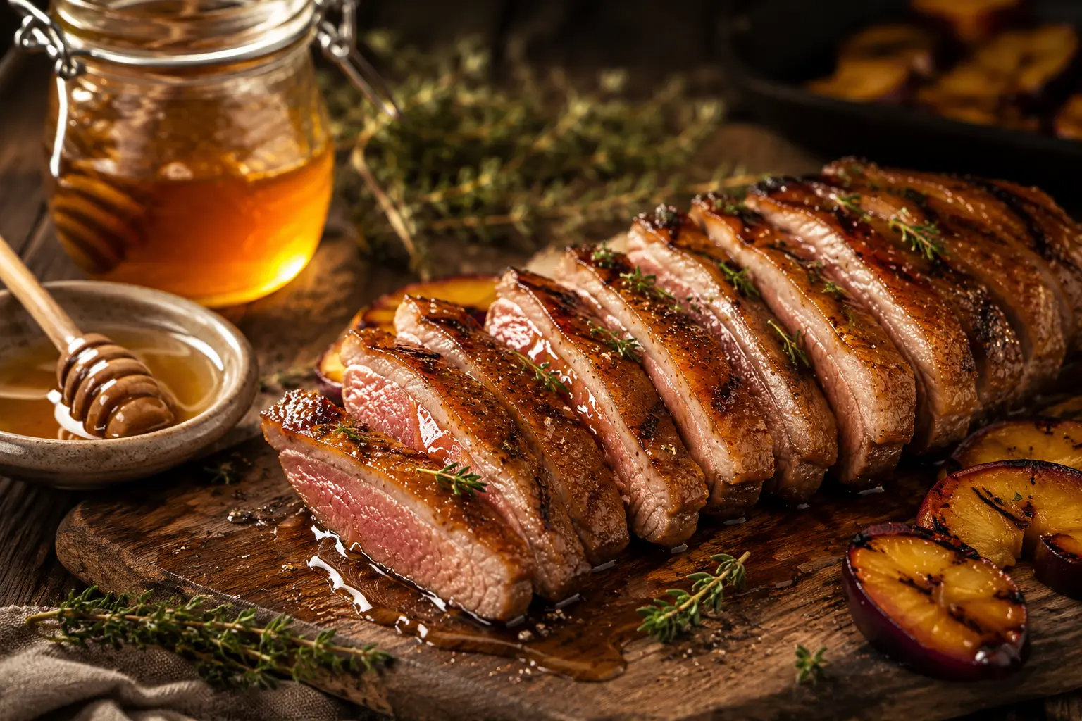 Magret de canard grillé au miel avec caramélisation dorée, thym frais et fruits rôtis dans une ambiance barbecue gourmande