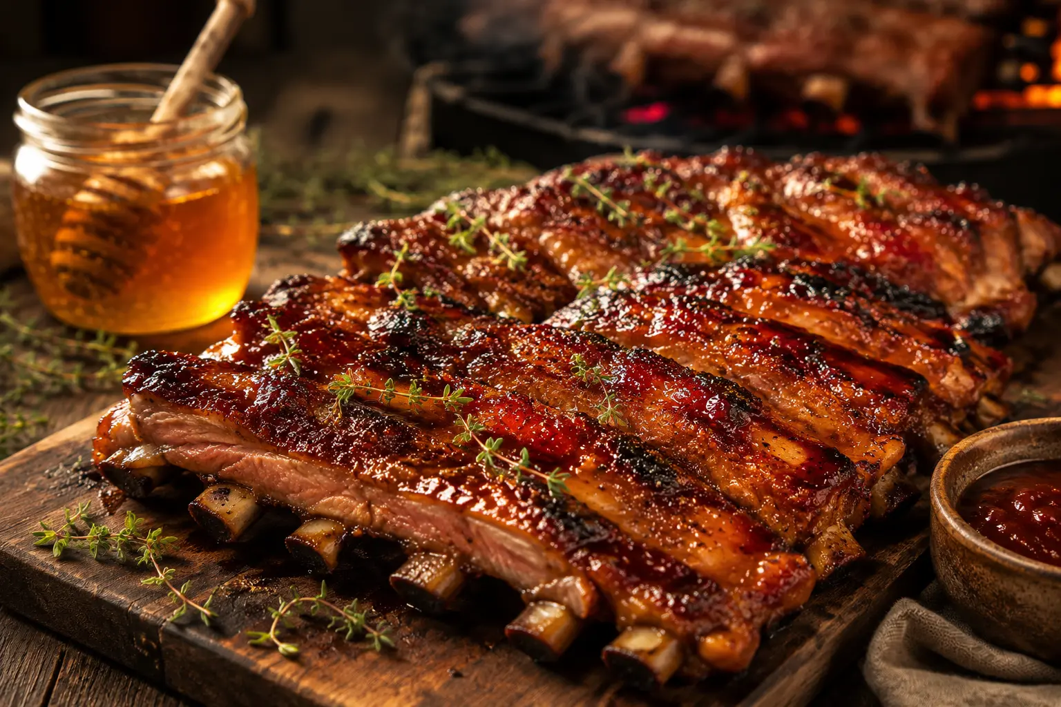 Travers de porc grillés au miel avec sauce barbecue caramélisée et cuisson au feu de bois