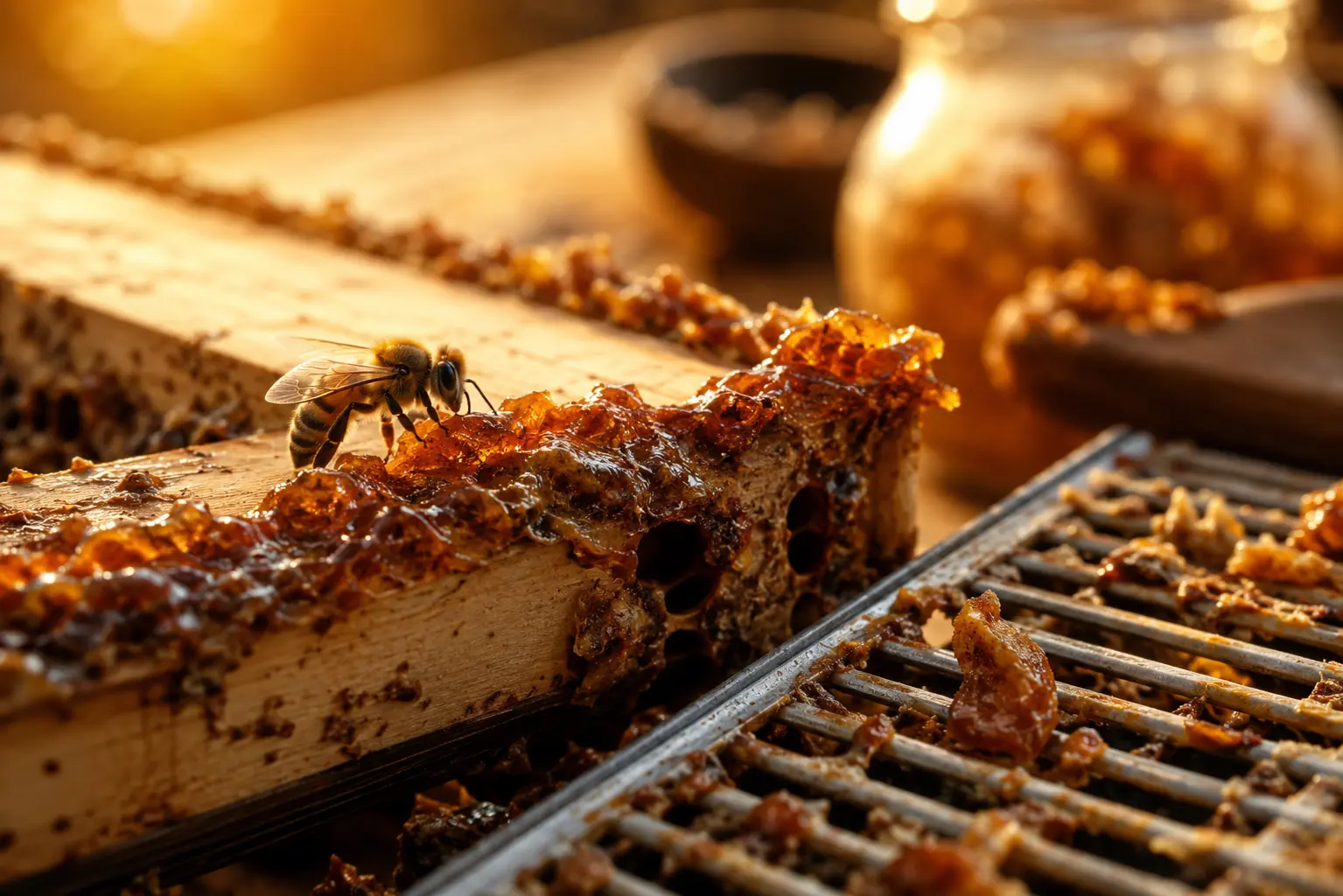 Abeille manipulant de la propolis sur un cadre de ruche au coucher du soleil