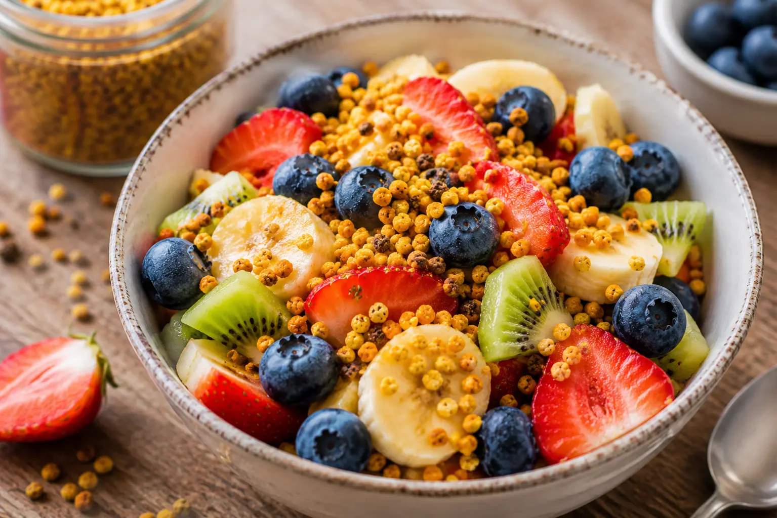 Bol de fruits frais garni de pollen de fleurs multicolore