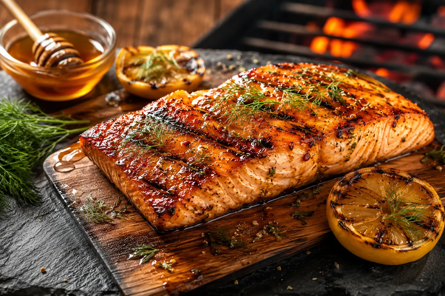 Saumon grillé au miel avec citron rôti, aneth frais et légère caramélisation au barbecue