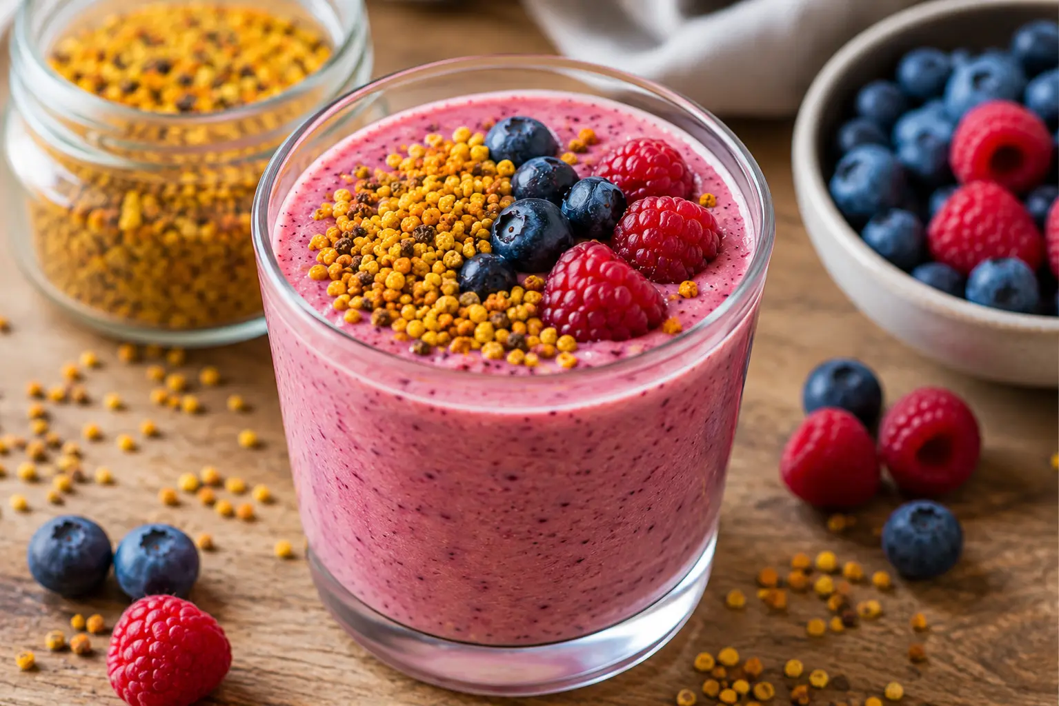 Smoothie aux fruits rouges garni de pollen de fleurs multicolore