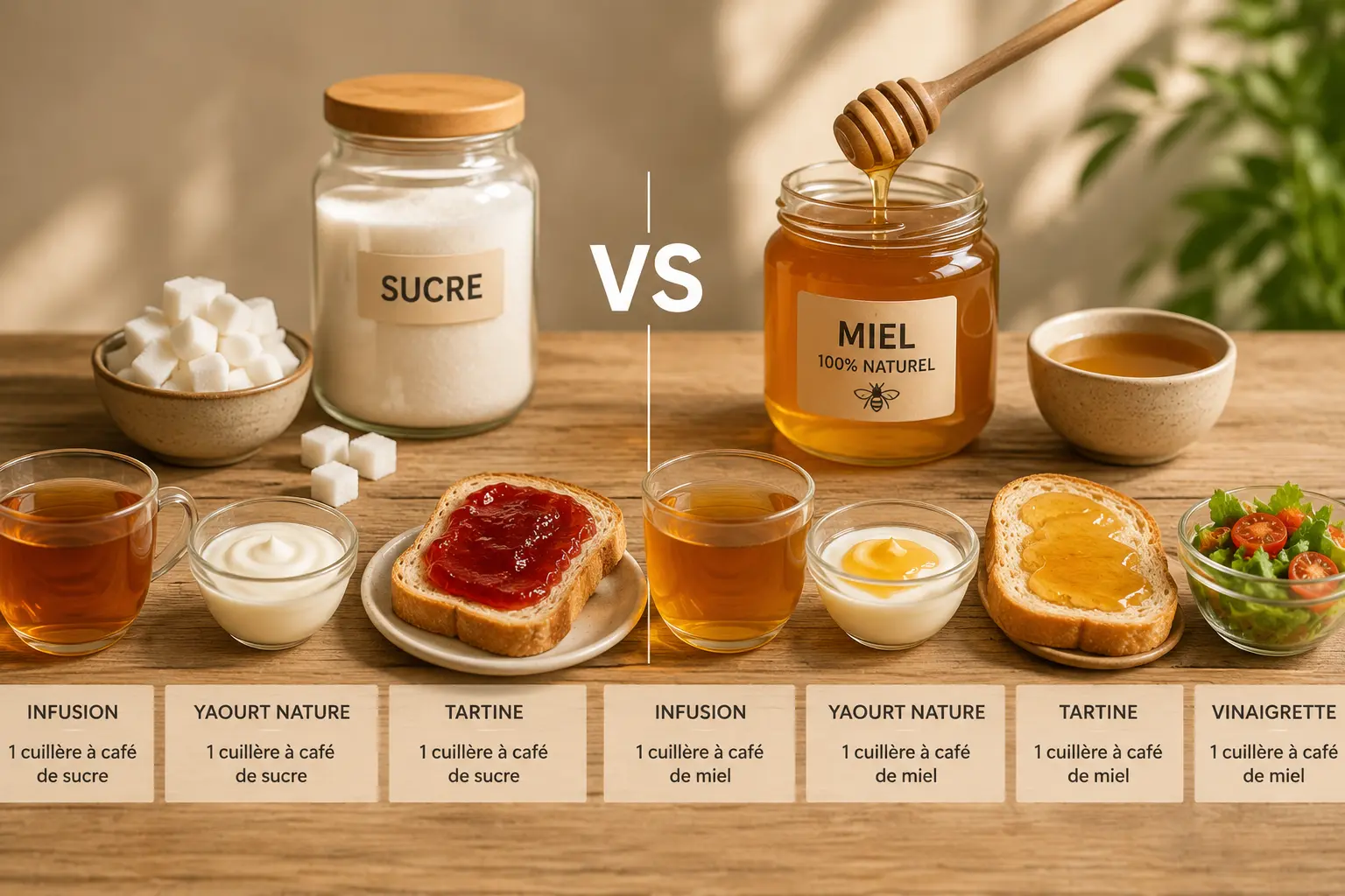 Comparatif entre sucre blanc et miel artisanal dans l’alimentation quotidienne avec infusion, yaourt et tartine