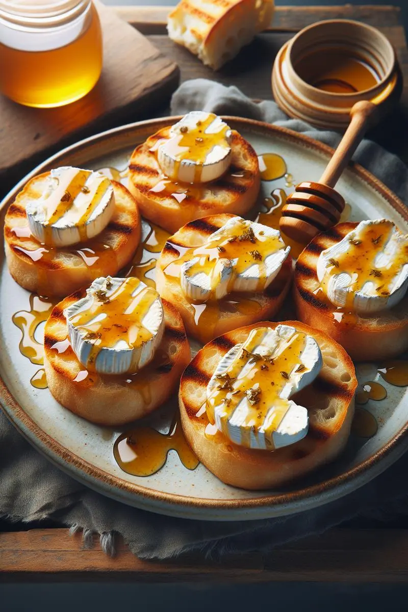 Toasts de chèvre chaud au miel avec noix et filet de miel