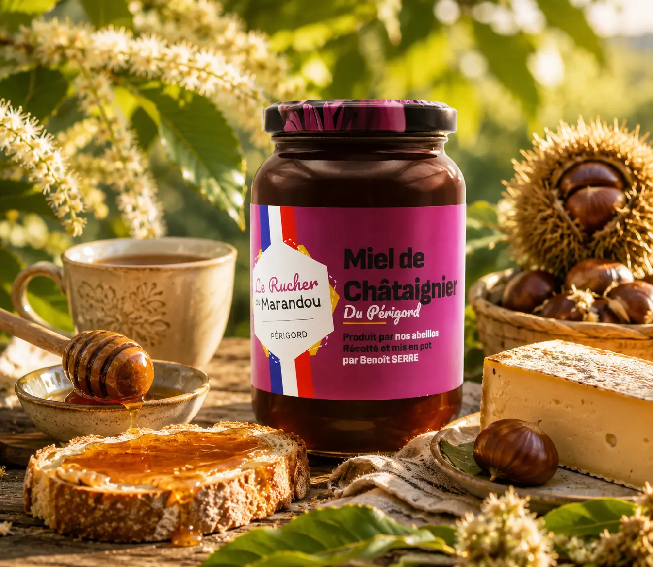 Pot de miel de châtaignier du Périgord accompagné de pain, fromage et châtaignes dans une mise en scène gourmande et rustique